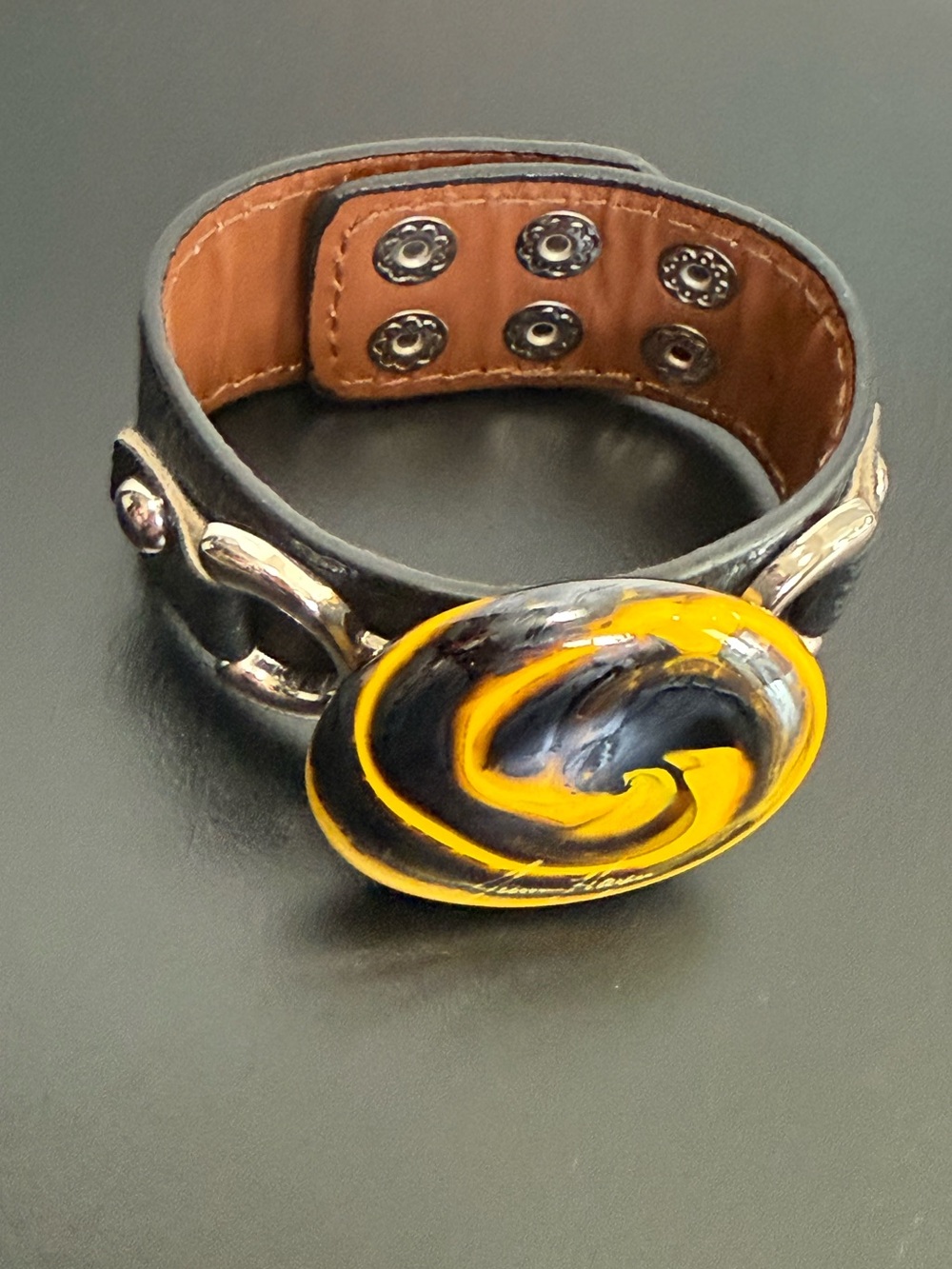 James Hayes Hand Blown Glass Art- Black Leather Cuff Bracelet - Picture 2 of 3